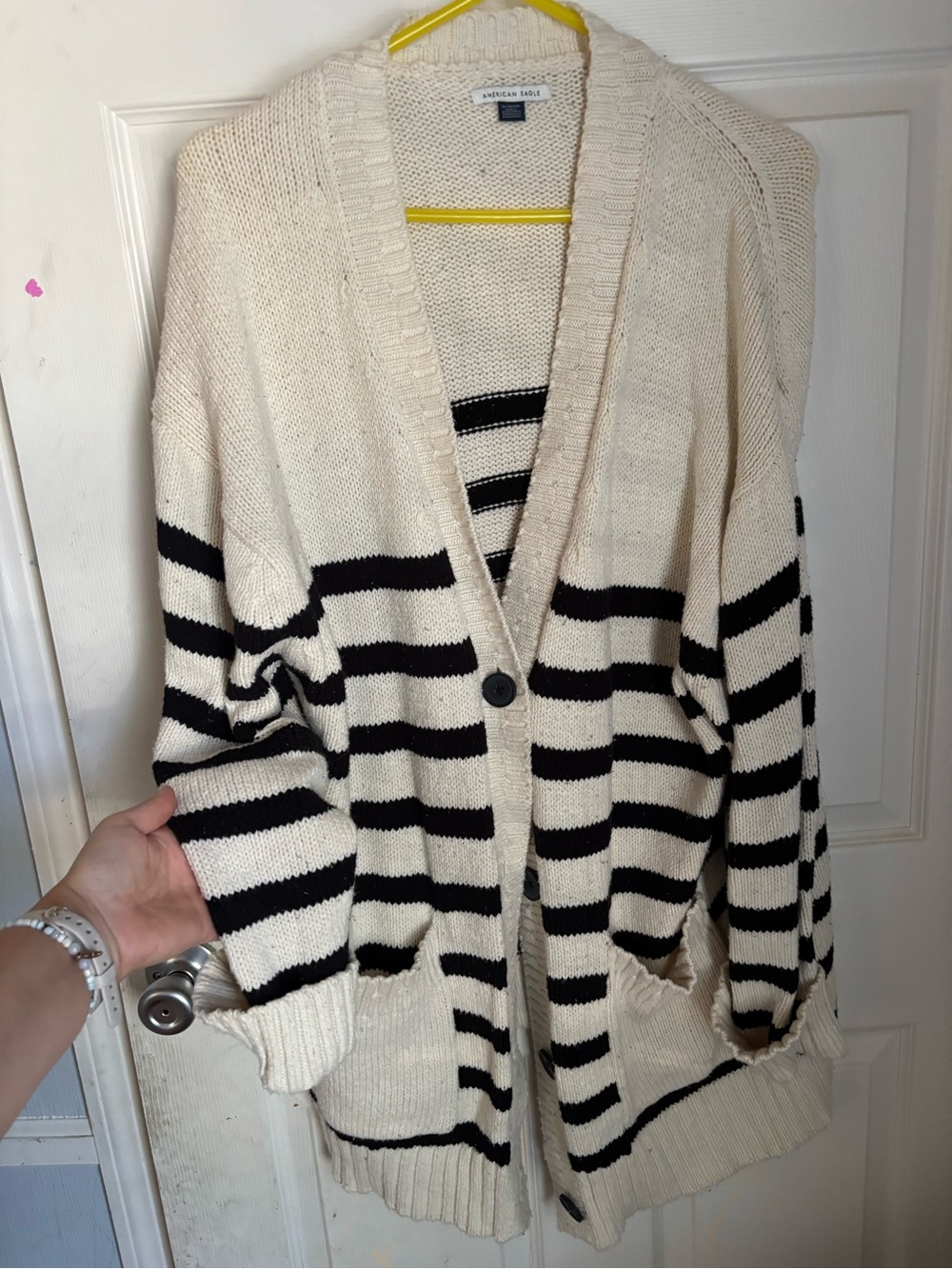 American Eagle Outfitters Cream and Black Striped Button Cardigan